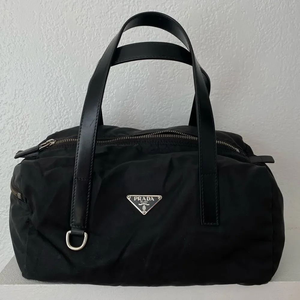 Prada black nylon duffle satchel bag